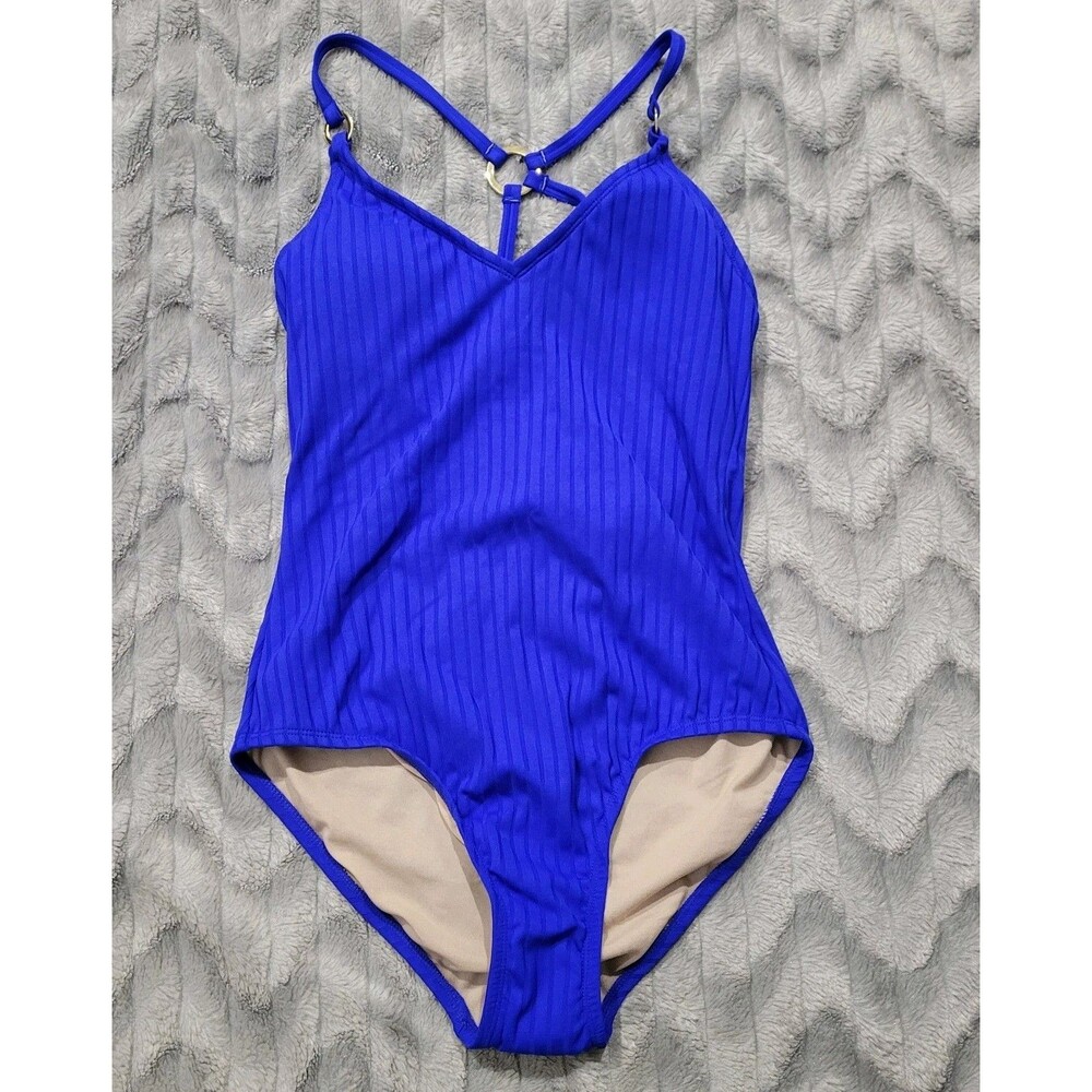 Kona Sol Womens M 8-10 Solid Blue Ribbed One Piece Swimsuit NWT